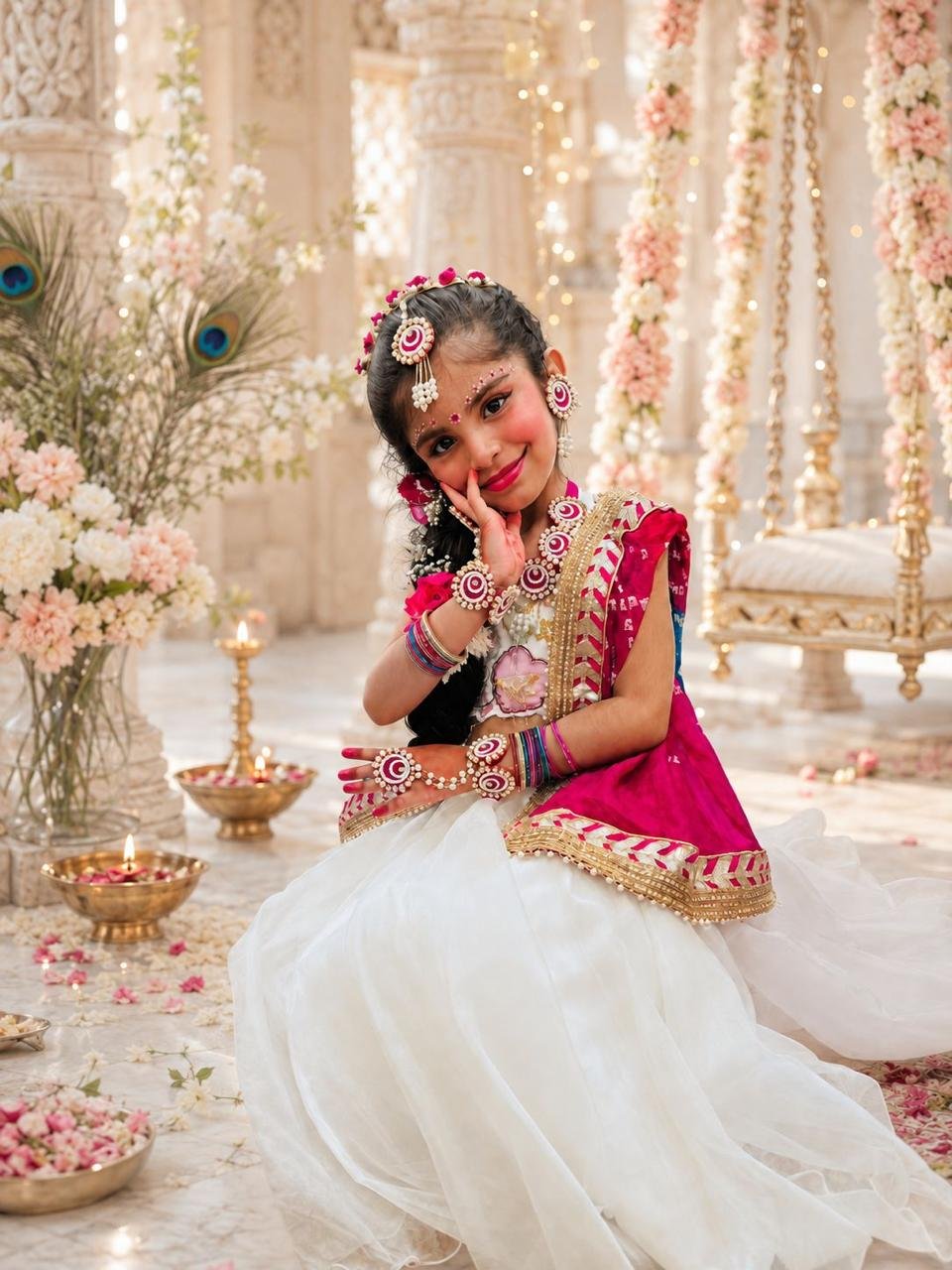 Student in a styled Kathak portrait shoot with festive decor
